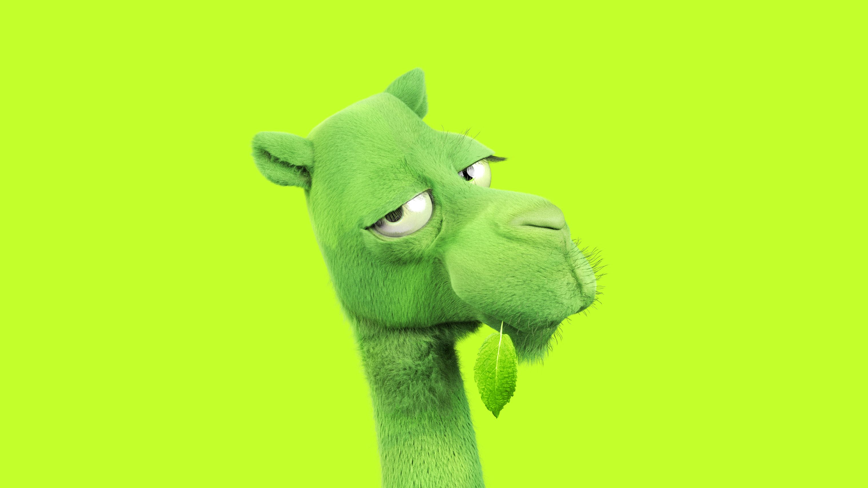 Green 3D camel character on a lime background