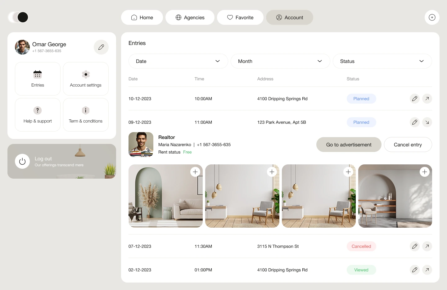 Rental platform dashboard interface