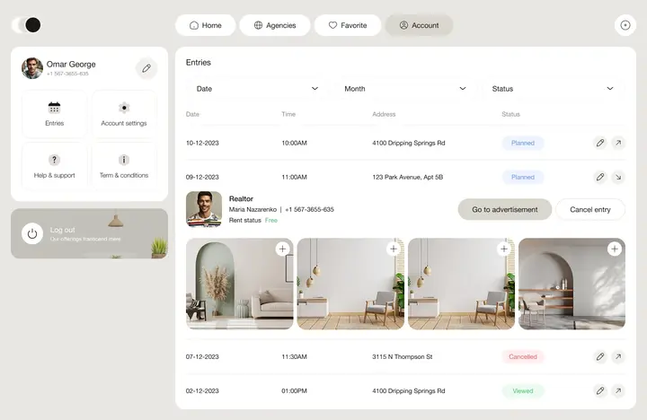 Rental platform dashboard interface